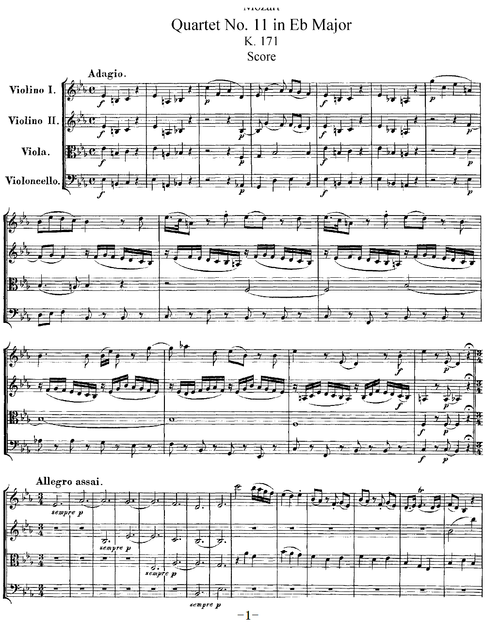 Mozart Quartet No 11 in Eb Major K 171(V)1